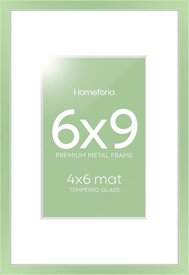 Homeforia 6x9 Picture Frame Sage Green, High End Metal 6 x 9 Frames with Mat 4 x 6 for Print, 6by9 Desk Frame Matted to 4x6 inch Photo, 6 by 9 Wall or Tabletop Frame, Tempered Glass, Wall Kit, Set of 1
