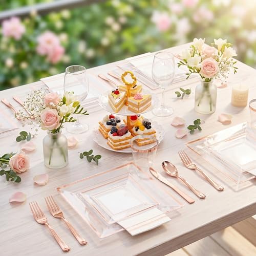 Festiva 350Pcs Rose Gold Plastic Plates - Clear Rose Gold Disposable Dinnerware Sets for 50Guests include 100 Plates 50 Cups 50Plastic Cutlery 50Napkins for Fall Party&Wedding& Bridal Shower
