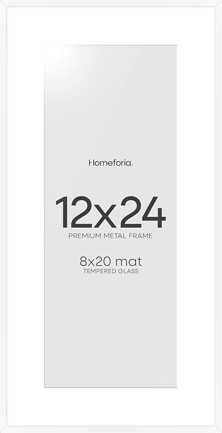 Homeforia 12x24 Picture Frame White, High End Metal 12x24 Poster Frames with Mat 8x20 inch Photo, 12 x 24 White Frames Matted to 8 by 20 Print, 24x12 Panoramic Frames, Tempered Glass, Wall Kit, Set of 1