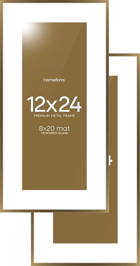 Homeforia 12x24 Picture Frame Bronze, High End Metal 12by24 Brass Poster Frames with Mat 8x20 Photo, 12 x 24 Panoramic Frames Matted to 8 by 20 Print, 24by12 Frames, Tempered Glass, Wall Kit, Set of 2