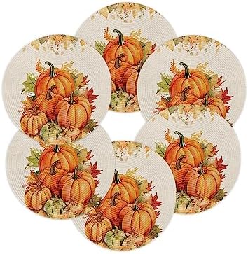 Fall Round Placemats for Dining Table Set of 6 Orange Pumpkin Place Mats Circle Washable Woven Placemat Autumn Maple Leaf Braided Table Mat for Thanksgiving Kitchen Home Dinner Party Decor 13 Inch