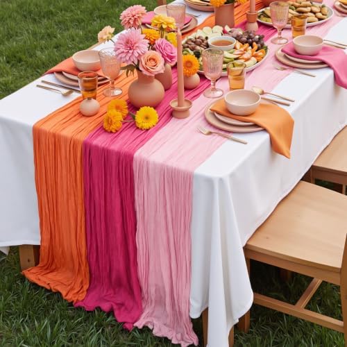 3 Pcs Hot Pink and Orange Cheesecloth Table Runners 118"