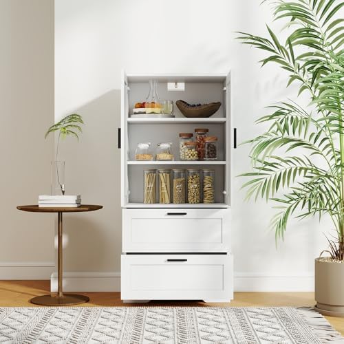 2 Door Tall Kitchen Pantry Storage, Collection Food Free Standing Wooden Storage Cabinet with 2 Drawers and Adjustable Shelves, Modern Farmhouse Versatile Storage for Kitchen, Dining Room (White)