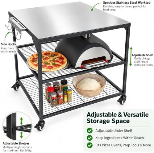 Three-Shelf Movable Stainless Steel & Steel Outdoor Dining Cart Table Pizza Oven Protable Grill and Heavy Duty Grill Cart Outdoor Table