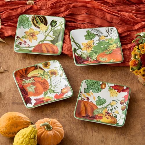 Harvest Fields 6” Ceramic Canapé Plates – Set of 4 Farmhouse Appetizer & Dessert Plates with Autumn Pumpkin Designs – Perfect for Snacks, Cheese, Hors d’Oeuvres & Thanksgiving Entertaining