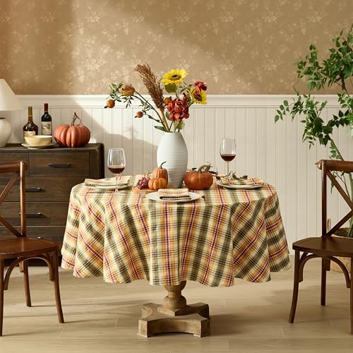 Newbridge Thanksgiving Wheatfield Plaid 70 Inch Round Tablecloth