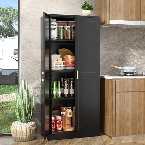 UNICOLY Metal Kitchen Pantry Cabinet, Storage Cabinet with Doors and Shelves, Cupboard with Adjustable Leveling Foot, for Laundry, Living Room, Bathroom, Dinning Room, Assembly Required, Black 60" H