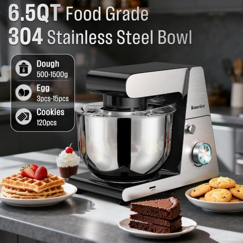 6.5QT Tilt-Head Stand Mixer, Heavy Duty Pro 10-Speed Electric Mixer, Stainless Steel Cladding & Bowl with Dough Hook, Wire Whisk and Flat Beater for Home Baking, Bread, Cake, Pizza Dough