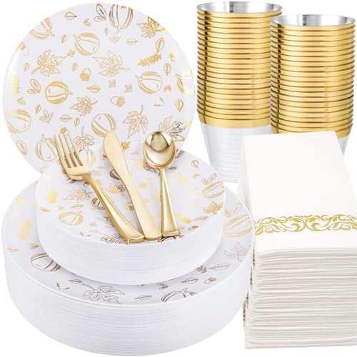 LIYH Gold Fall 175 Pcs Heavy Duty Plastic Thanksgiving Plates 25 Guests