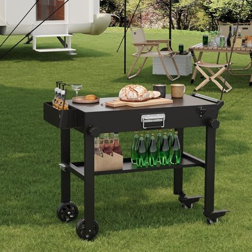Takywep Black Folding Grill Cart, Portable BBQ Table with Wheels