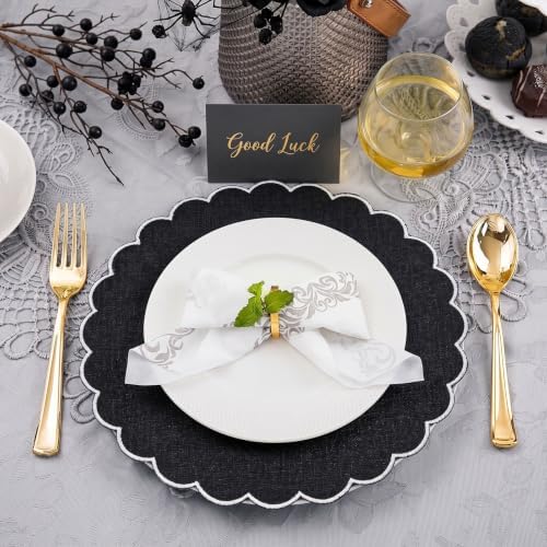 Set of 12 Black Cotton Placemats 15 Inch Round Scalloped Placemats,