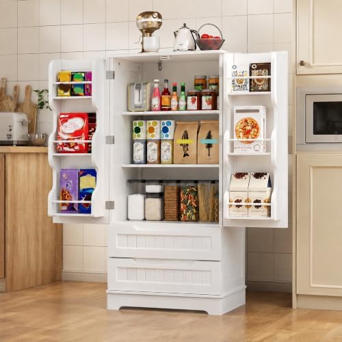 Gizoon 47" Pantry Cabinet with 2 Drawers and 6 Door Shelves, White