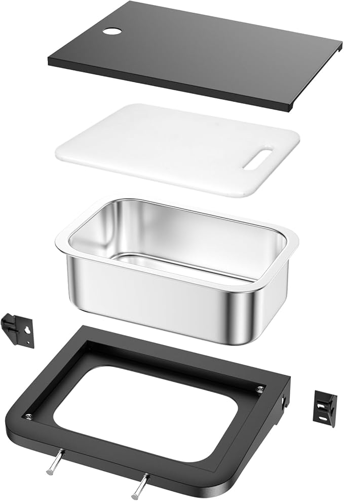 Utheer Grill Side Table Shelf for Weber Searwood 600/600XL – Foldable BBQ Prep Station with Works Cutting Board, Stainless Steel Basin, Lid & Hooks, Side Table for Weber Searwood 600 Accessories