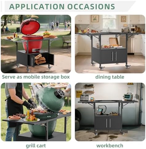 KEIKI Outdoor Grill Table for Big Green Egg, Metal BBQ Cart with Wheels and Dual Folding Side Shelves, Fits Large Green Egg and Kamado Joe Jr, Rolling Prep Station for Patio Cooking