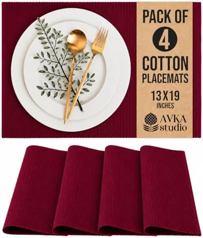 100% Cotton Ribbed Placemats - Set of 4-13 x 19 Inches - Maroon/Burgundy/Dark Red - Everyday/Fall Cloth Table Mats - Thick Construction, Washable & Reusable Cloth Place Mats - by AVKA Studio