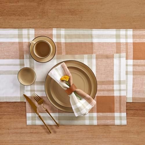 Solino Home 100% Pure Linen Table Runner Fall Harvest Plaid, 14 x 132 in