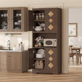 IDEALHOUSE Mid Century Modern Kitchen Pantry Cabinet, 72" Tall Storage Cabinet with Microwave Shelf, Wooden Freestand Cupboard with Carved Flower Door & Crystal Handle, for Dining Room