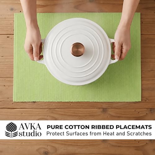 100% Cotton Ribbed Placemats - Set of 8-13 x 19 Inches - Light Lime Green - Everyday Cloth Table Mats - Thick Construction, Washable Reusable Cloth Place Mat - by AVKA Studio