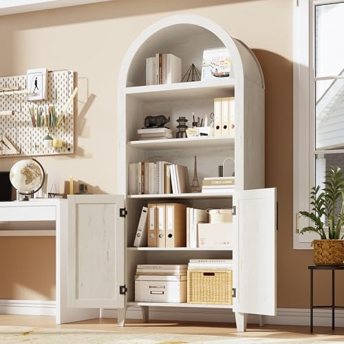 Arched Kitchen Pantry Cabinet with Doors, 5-Tier Open Display Shelf, White