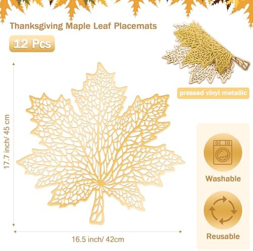 Ziliny 12 Pack Thanksgiving Maple Leaf Placemats, Fall Placemat, Gold