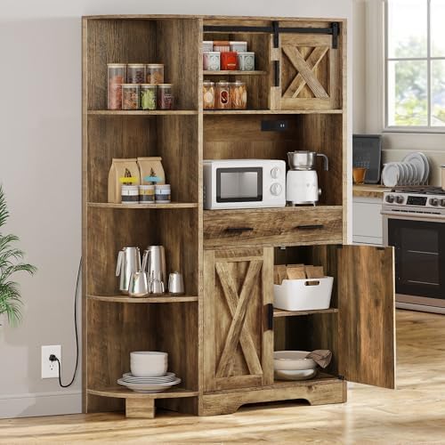 YITAHOME 67" Farmhouse Pantry with Power Outlet & Sliding Barn Door, Oak