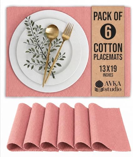 100% Cotton Ribbed Placemats - Set of 6-13 x 19 Inches - Peach - Everyday/Thanksgiving/Fall Cloth Table Mats - Thick Construction, Washable & Reusable Cloth Place Mats - by AVKA Studio