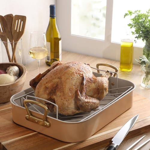 Gibson Home Broxton 2-Piece Nonstick Roaster Pan with Rack – 16 x 12 Inch Apricot Turkey Roasting Pan with Cast Aluminum Gold Handles – Oven-Safe, Easy-Clean, Holiday Cookware