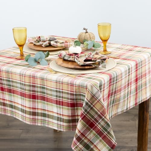 DII Give Thanks Plaid Fall Table Decor, Autumn & Thanksgiving Tabletop Linens, 52x52 Square Tablecloth