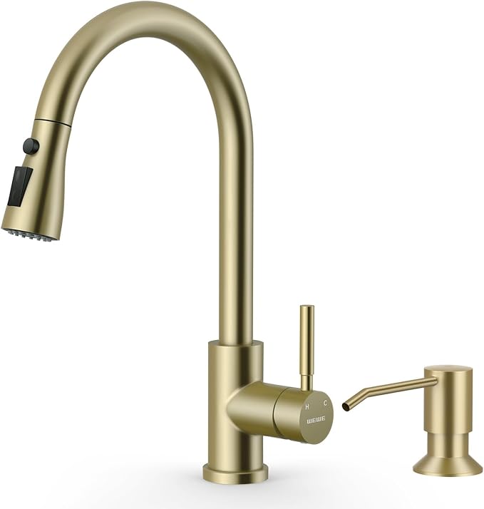 WEWE Kitchen Faucet with Pull Down Sprayer and Soap Dispenser, Stainless Steel Kitchen Sink Faucets, 3-Mode High Arc Single Handle Faucet for RV Farmhouse, Gold