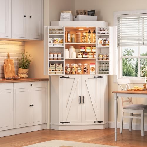 Jocoevol Corner Cabinet,71'' Kitchen Pantry Storage Cabinet with 4 Doors and Shelves, Tall Food Pantry Storage Cabinet Farmhouse Furniture for Kitchen Dining Room, White