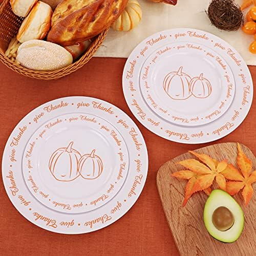 Rubtlamp 60Pcs Thanksgiving Plastic Plates, White Plastic Plates With Orange Pumpkin and Alphabet, Premium Heavy Orange plates Include 30 Dinner Platos 10.25", 30 Dessert Platos 7.5" For Party