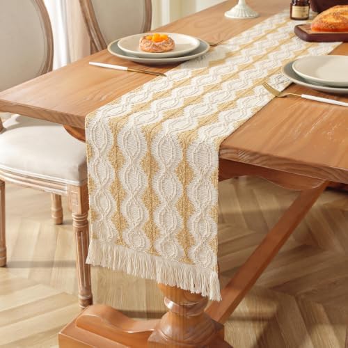 Beige Boho Table Runner for Fall Thanksgiving Home Decor 72 Inches Long