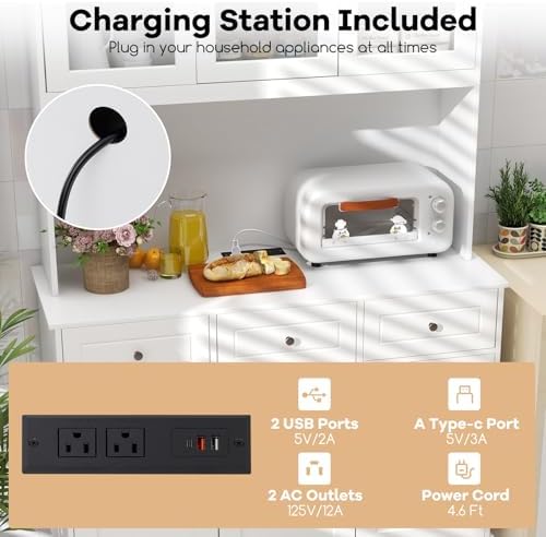 GIANTEX 77” Large Pantry Cabinet, Kitchen Buffet Hutch w/LED Lights 20 Colors, Outlet, 3 Drawers, Microwave Countertop, Freestanding Cupboard with 4 Adjustable Shelves & Tempered Glass Doors (White)