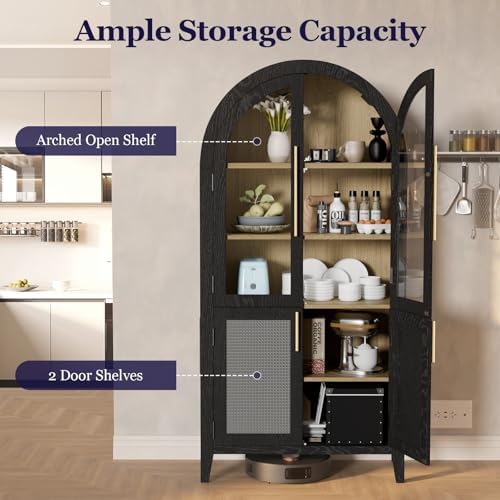 63" Tall Arched Cabinet with Glass Doors, Kitchen Pantry Storage Cabinet with Dust-Proof Rattan, 5-Tier Curio China Cabinet with Adjustable Shelves for Living Room Dining Room, Black