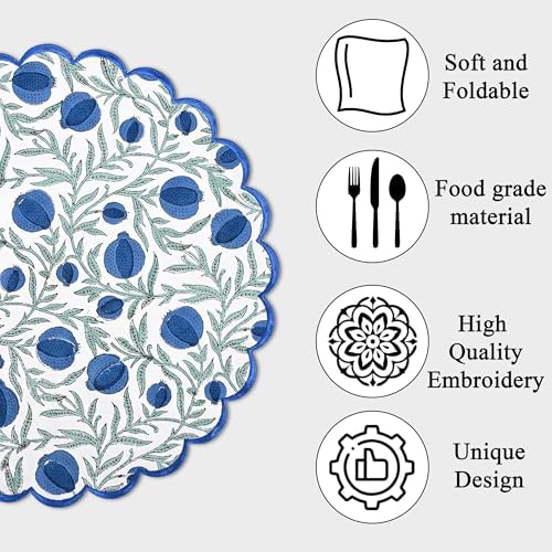 Ridhi Floral Block Print Round Placemats 15 Inch, Set of 4, Queen Blue