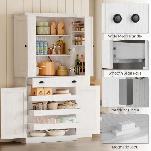 IRONCK 72" Kitchen Pantry Cabinet with Drawer and Sliding Racks, White