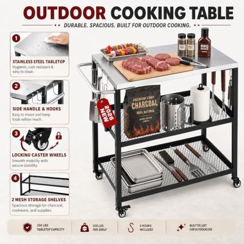Grill Table with Stainless Steel Top, 28.54 x 16.14 in