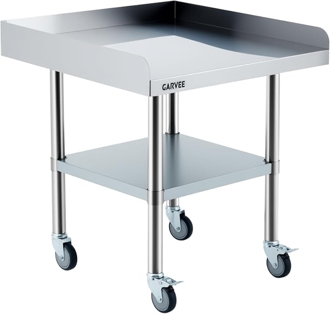 Garvee Stainless Steel Work Table, 24x30x26 Inch Commercial Food Prep Worktable with Wheels, Fixed 3-Sided Backsplash & Height-Adjustable Shelf, Heavy Duty Workbench for Kitchen Restaurant Garage