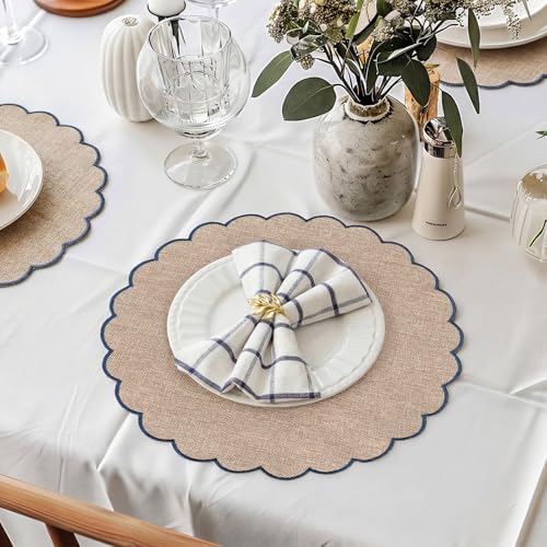 Set of 24 Linen Boho Cotton Placemats 15" Round Scalloped Blue