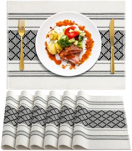 ADRIMER Placemats Set of 6, Boho Table Mats Cotton Blend, Durable Cloth Table Placemats Machine Washable, Rustic Place Mats for Dining Kitchen Table, 14 x 18 Inch, Black