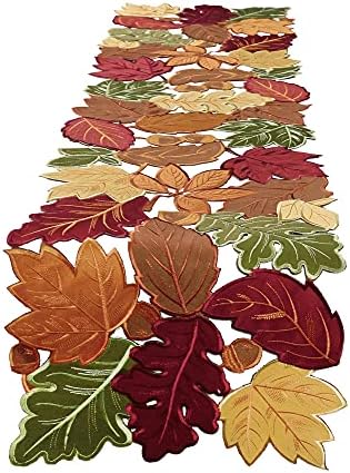 OWENIE Fall Table Runner - Thanksgiving, Farmhouse Embroidered Maple Leaves, 13 x 54 Inch, Orange