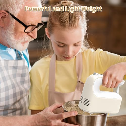 Yomelo 9-Speed Digital Hand Mixer Electric, 400W Powerful DC Motor, Hand Mixer Electric Handheld with Snap-On Storage Case, 5 Stainless Steel Accessories, Beaters, Dough Hooks, Whisk(Cream White)