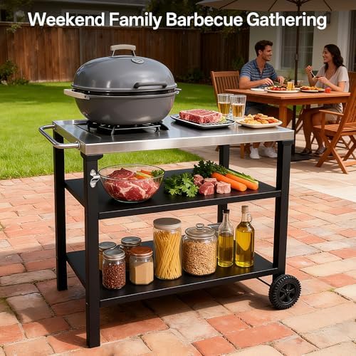 KEIKI 3-Tier Outdoor Grill Cart Table with 2 Wheels, Movable BBQ Cooking Prep Table, Pizza Oven Table, Serving Bar Cart for Backyard, Indoor, Outside, Kitchen Room, Stainless Steel
