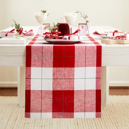 Solino Home 100% Pure Linen Dining Table Runner Merry Plaid, 14 x 120 in