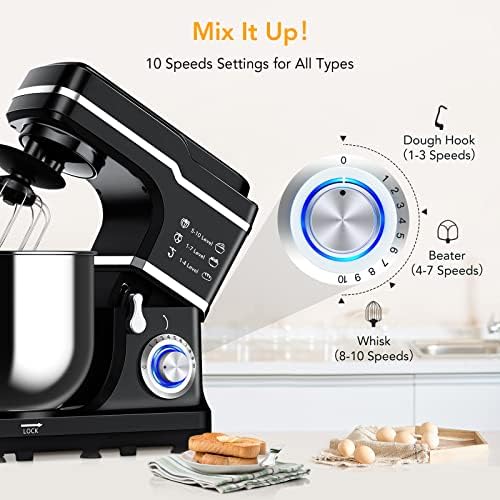 Stand Mixer, 7.5 Qt Stand Food Mixer 10 Speeds, Tilt-Head 3-IN-1 Kitchen Electric Mixer with Stainless Steel Bowl, Whisk, Dough Hook, Flat Beater, Countertop Household Stand Mixer,Black
