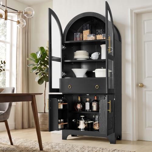 KEIKI 77" Arched Kitchen Pantry Cabinet with Glass Doors, Black