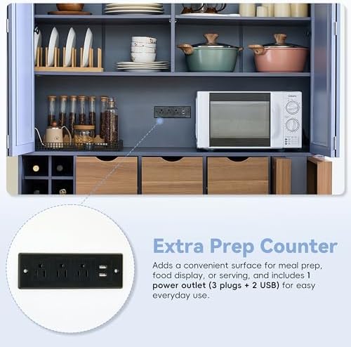Merax Farmhouse 71" Large Kitchen Pantry Cabinet with Power Outlet, 53.2" Wide Storage Cupboard with 4 Foldable Doors, Adjustable Shelves, Wine Racks & Serving Trays, for Dining Room, Blue-Gray