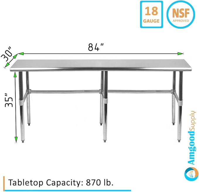 AmGood Stainless Steel Work Table Open Base | NSF Kitchen Island Food Prep | Laundry Garage Utility Bench (84" Long X 30" Deep)
