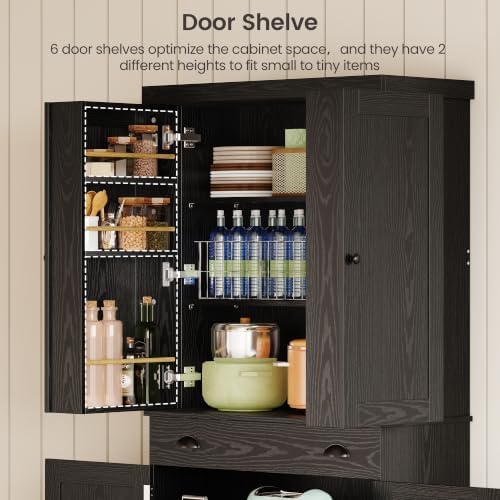 IRONCK 72" Kitchen Pantry Cabinet with Drawer and Sliding Racks, Black