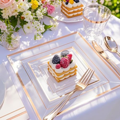 Festiva 350Pcs Rose Gold Plastic Plates - Clear Rose Gold Disposable Dinnerware Sets for 50Guests include 100 Plates 50 Cups 50Plastic Cutlery 50Napkins for Fall Party&Wedding& Bridal Shower